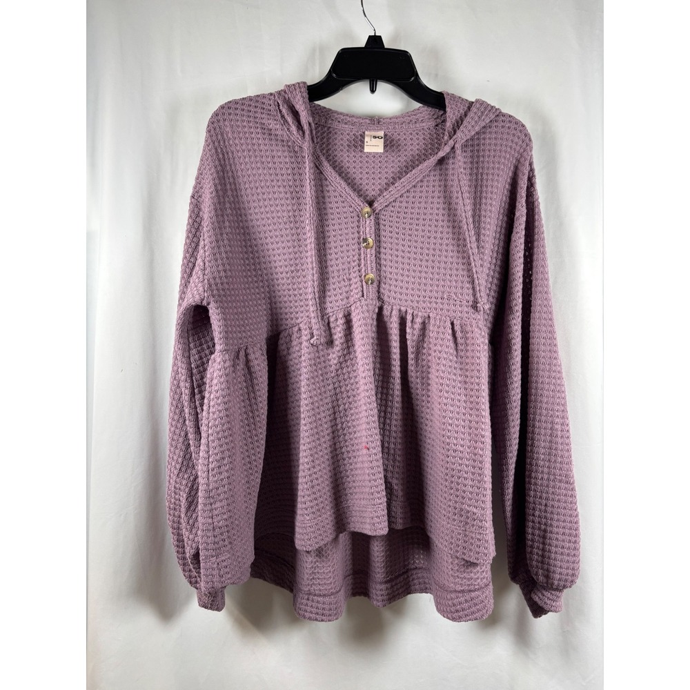 SO Womens Waffle Knit Babydoll Hoodie Mauve Purple Henley Peplum Top Small